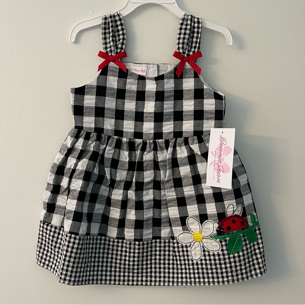 Bonnie Jean Black and White Plaid Dress with Red Bow